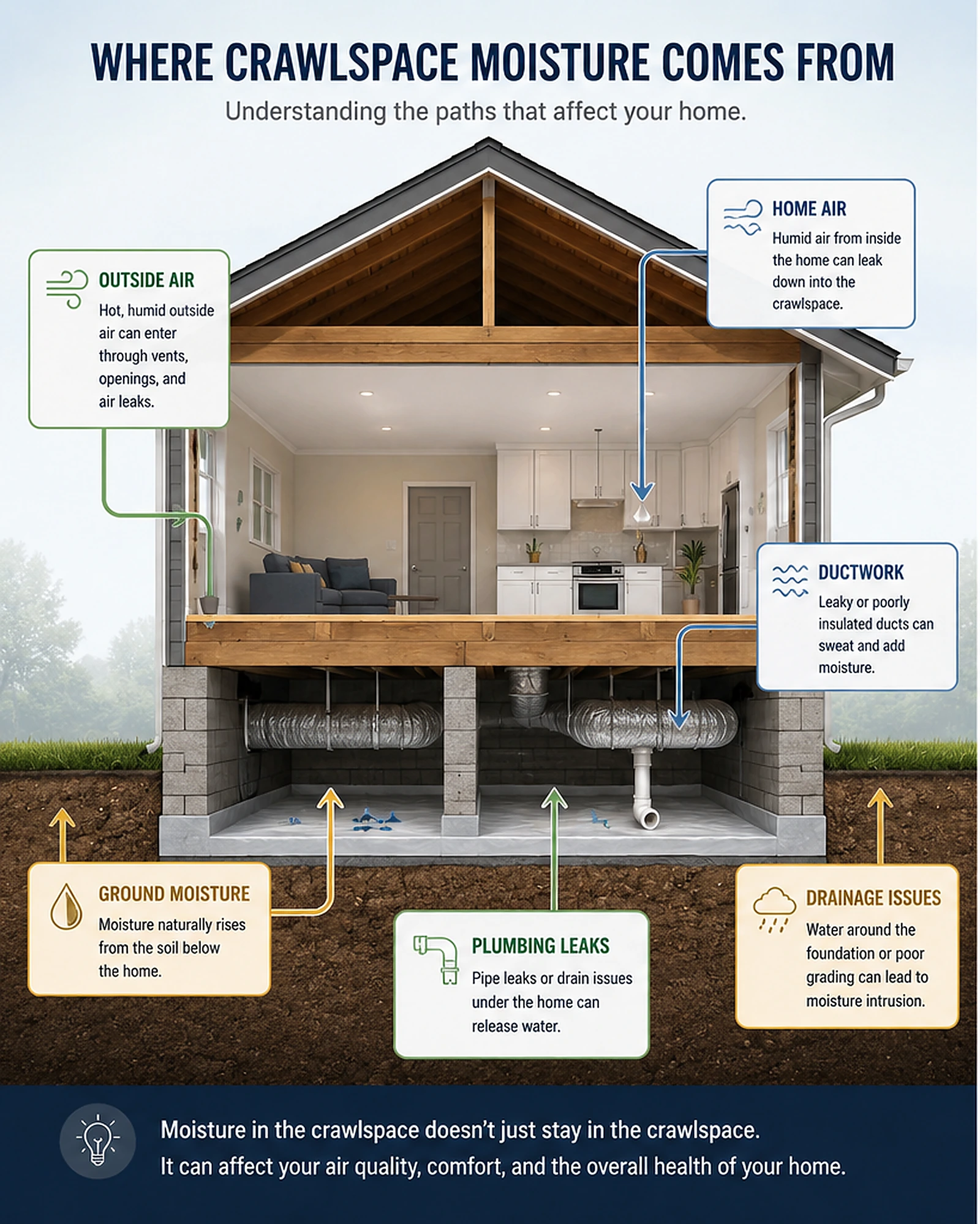 Conceptual diagram showing common crawlspace moisture paths beneath a home.