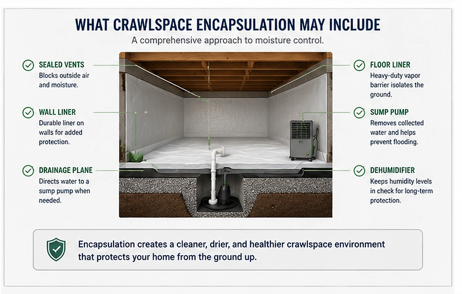 Conceptual diagram of the components a crawlspace encapsulation scope may include.