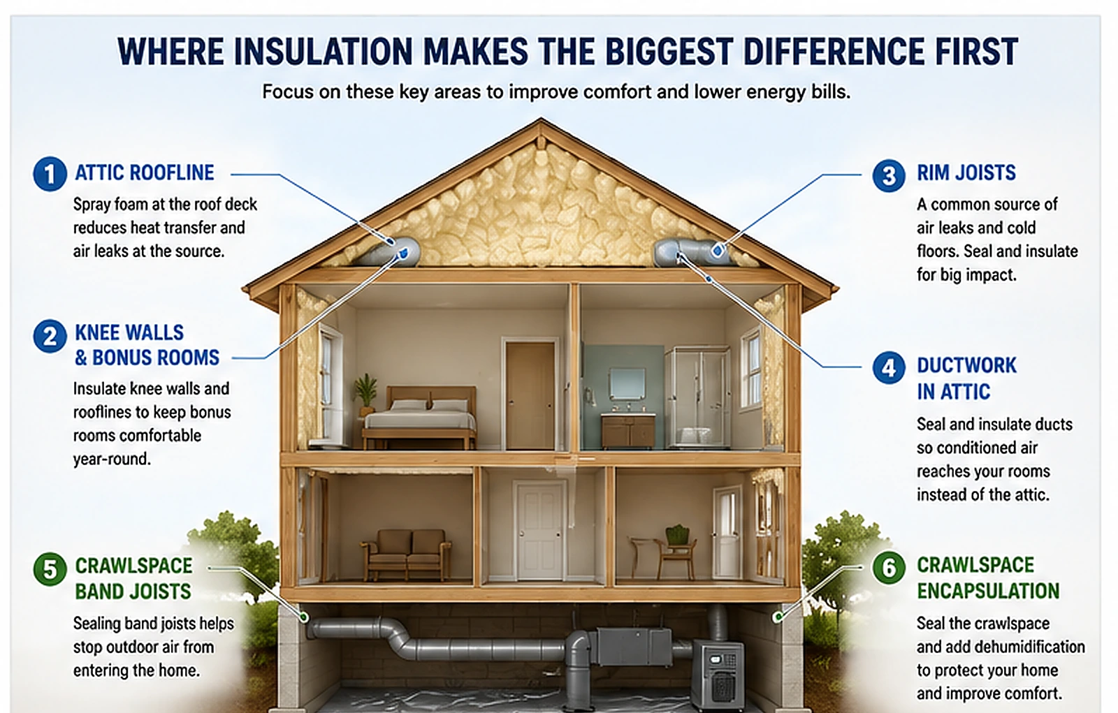 House cutaway identifying common insulation locations.