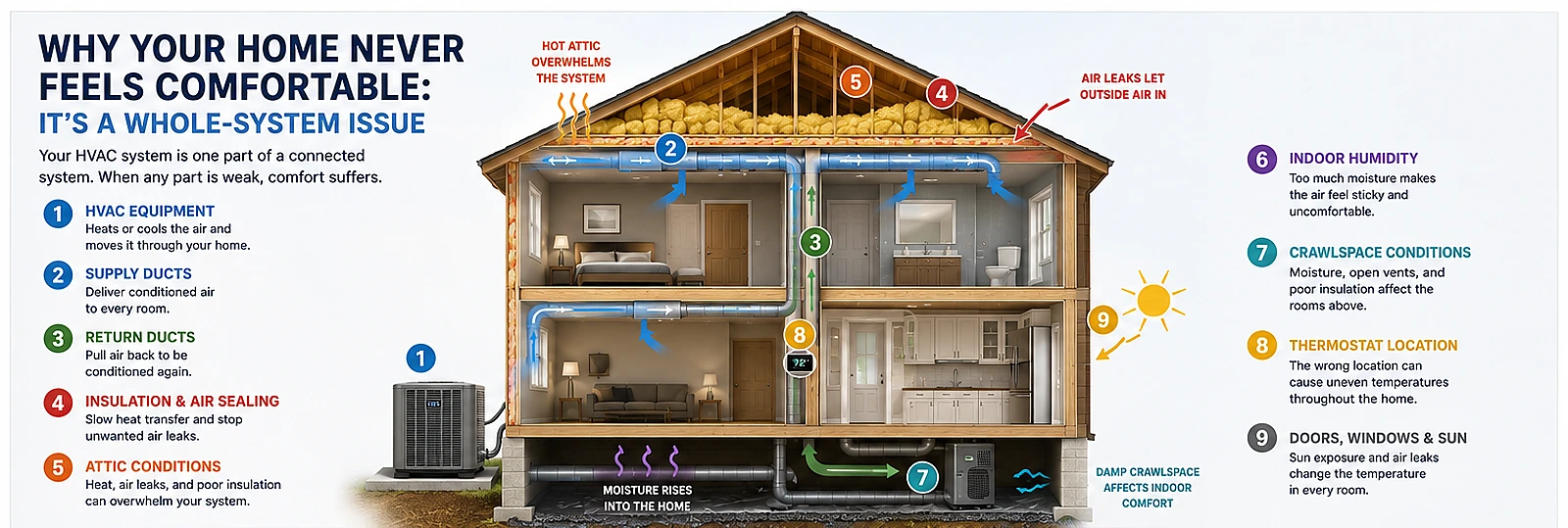 Whole-home comfort diagram connecting HVAC, ductwork, insulation, humidity and crawlspace conditions.
