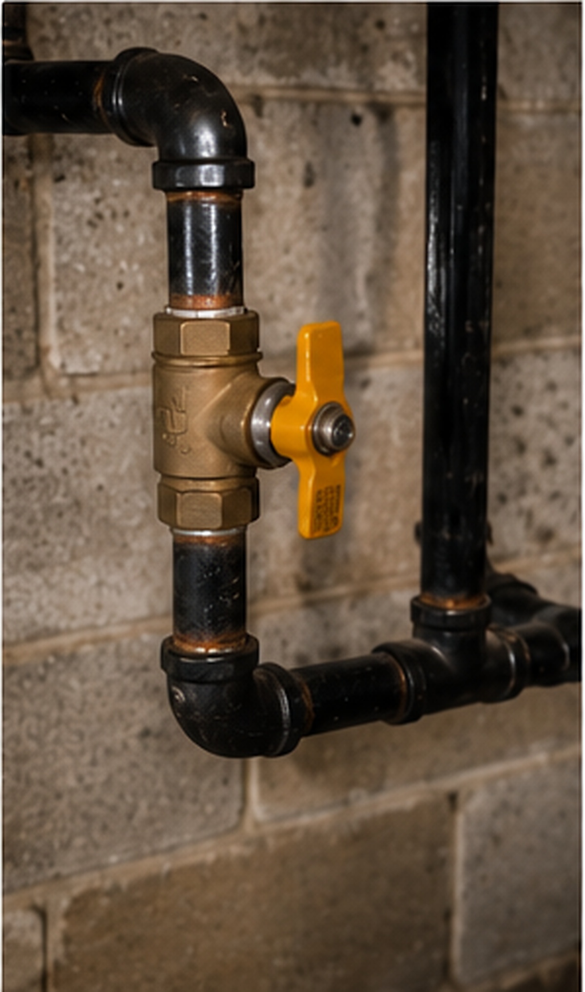 Black steel gas piping with a yellow-handled shutoff valve.