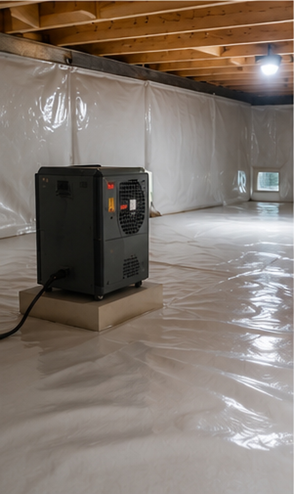 Encapsulated crawlspace with a dehumidifier installed on a raised base.