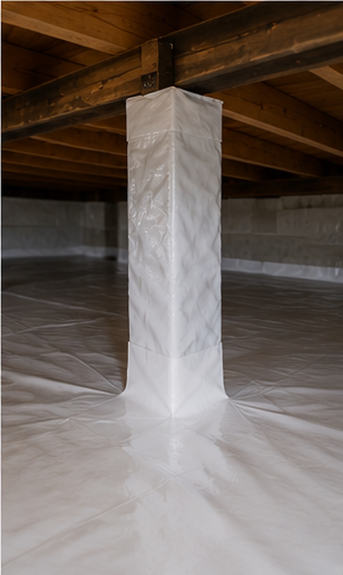 Crawlspace support pier wrapped in a sealed vapor barrier.